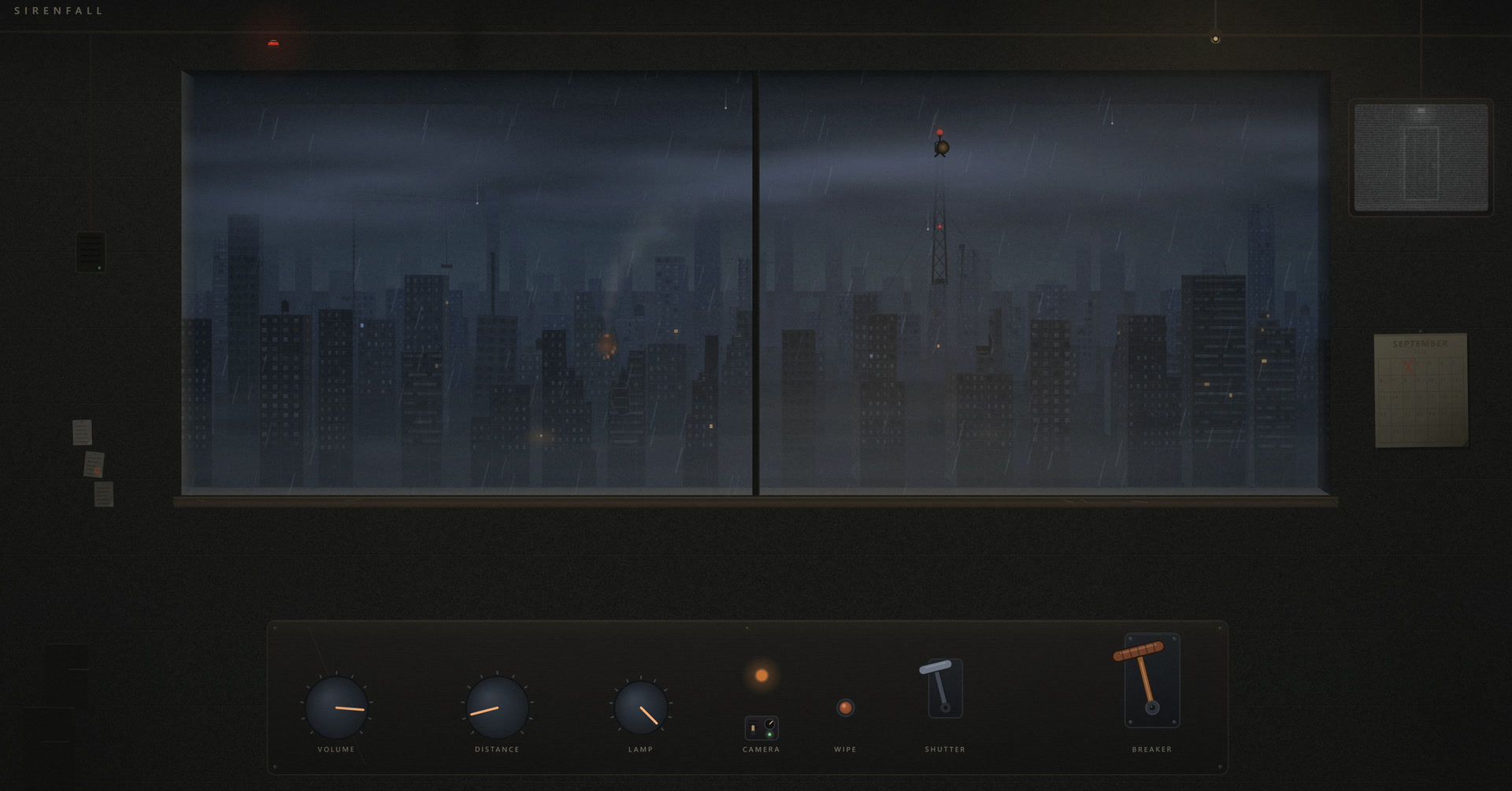 The Sirenfall shelter window: a rainy dead city, sheet lightning in low cloud, a siren tower facing the viewer, smoke from a burning building, the breaker thrown on.